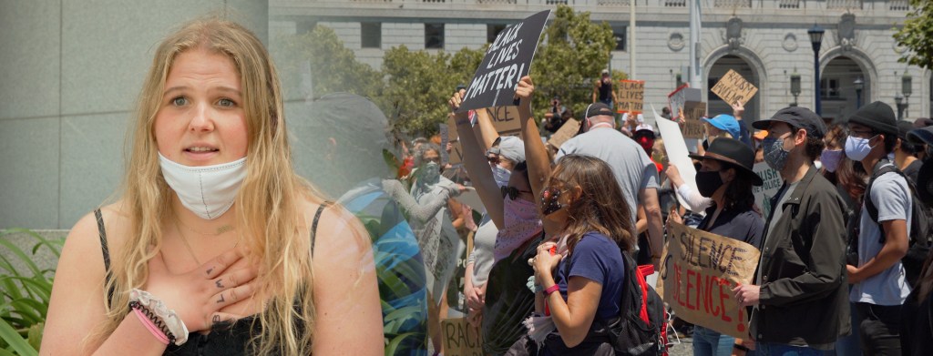 photo collage with a young blonde woman on the left with the letters "BLM!" written on her fingers. On the right, a crowd of protesters holding "black lives matter" signs.