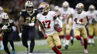 Emmanuel Sanders of the San Francisco 49ers runs after making a reception during a game against the New Orleans Saints.