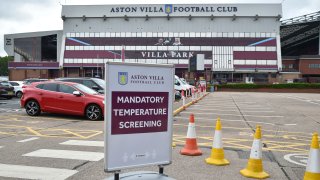 A view of a sign at Villa Park stadium, a day ahead of the English Premier League soccer match between Aston Villa and Sheffield United, as the league resumes play after a 100-day pandemic-enforced shutdown at Villa Park in Birmingham, England, Tuesday, June 16, 2020.
