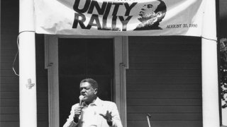 Oakland, CA August 25, 1990 – Bobby Seale speaks at the shooting anniversary of Huey Newton at De Fremery Park. (Pat Greenhouse / Oakland Tribune)
Published August 26, 1990.
(Digital First Media Group/Oakland Tribune via Getty Images)