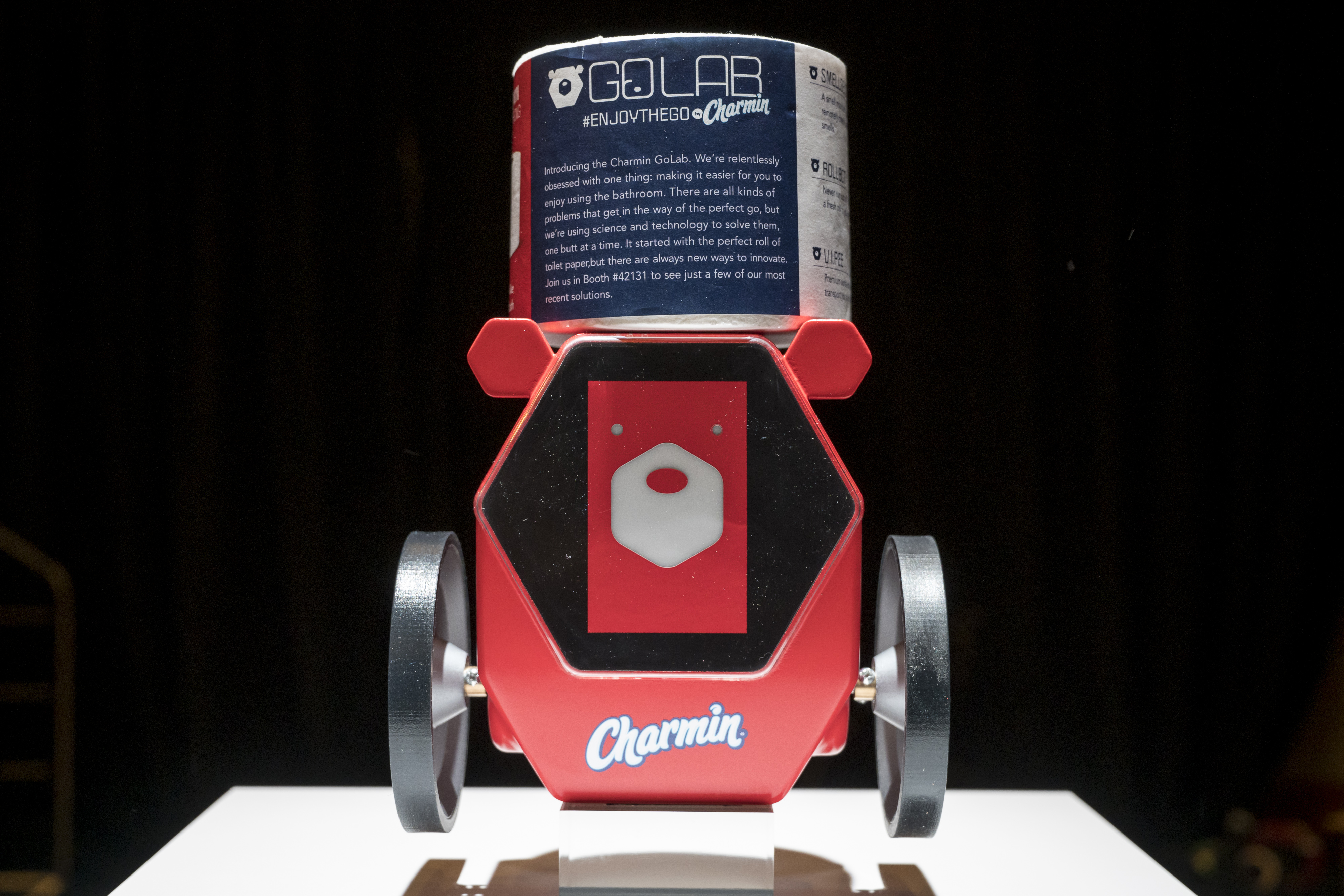 The Procter and Gamble Co. Charmin Rollbot seen at CES 2020’s press event at the Mandalay Bay Convention Center, Jan. 5, 2020, in Las Vegas, Nevada. P&G's self-balancing robot was built to bring a roll directly to the toilet for anyone who finds themselves with an empty tube and no replacement in sight.