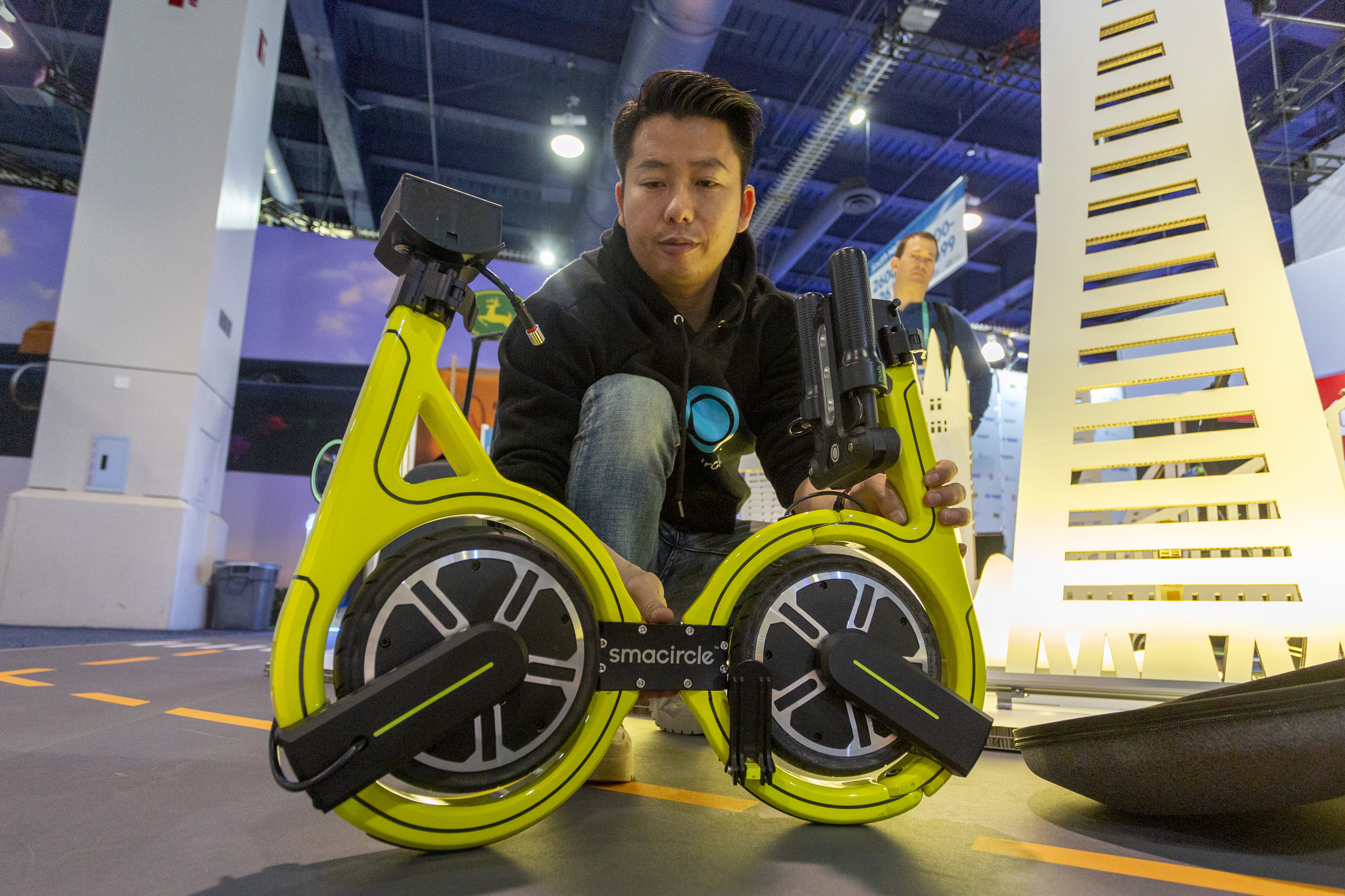 The Smacircle S1 micro-mobility e-bike seen folded on opening day of CES in Las Vegas, Nevada, Jan. 7, 2020.