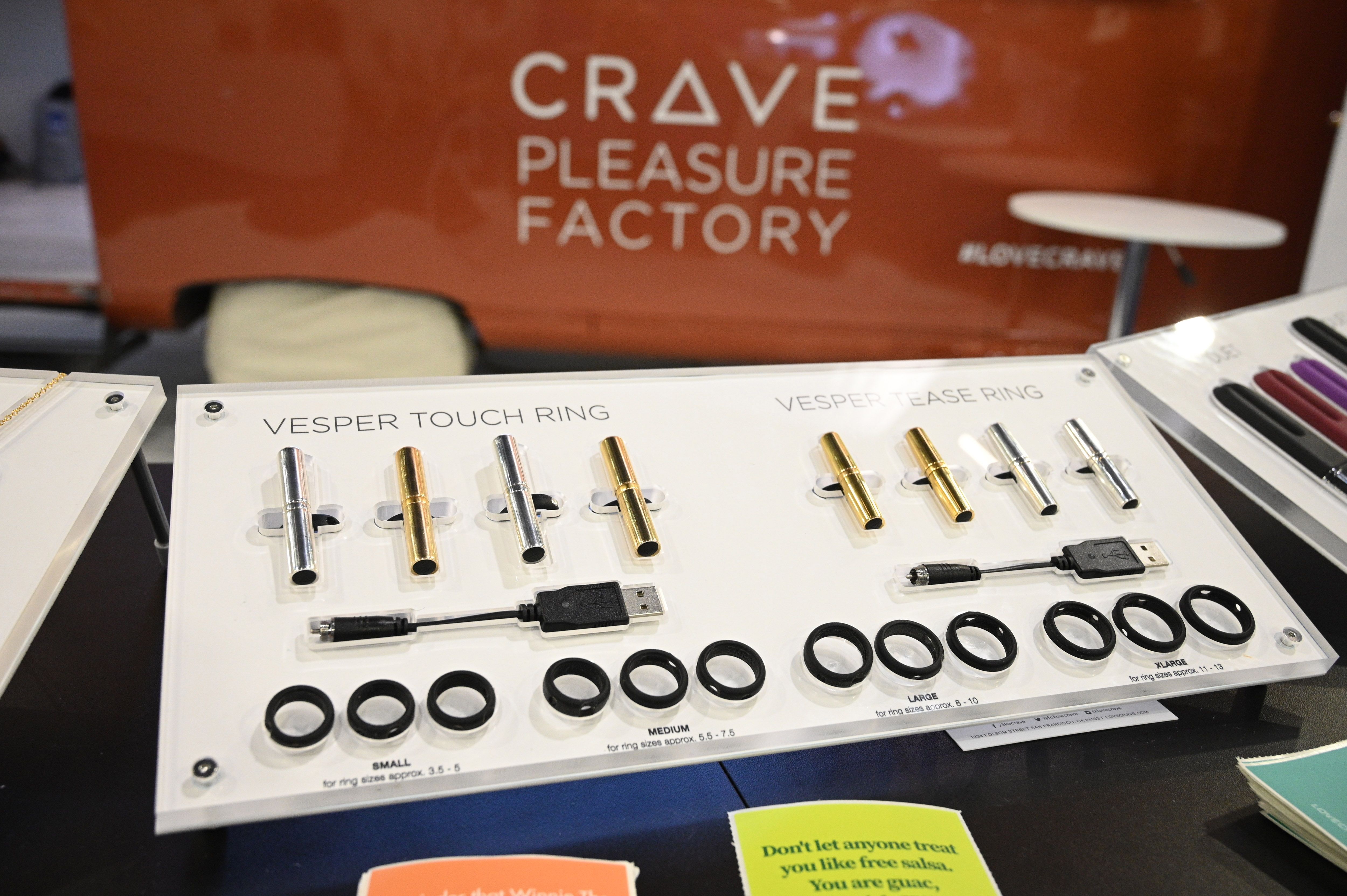 Crave displays vibrators that double as jewelry at the 2020 CES in Las Vegas, Nevada, Jan. 7, 2020. Sex tech is making an appearance for the first time at CES in the health and wellness section of the giant electronics and gadget fair.