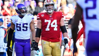 SANTA CLARA, CA – JANUARY 11: San Francisco 49ers Offensive Tackle Joe Staley (74) looks on during the NFC Divisional Playoff game between the Minnesota Vikings and the San Francisco 49ers on January 11, 2020, at Levi’s Stadium in Santa Clara, CA. (Photo by Brian Rothmuller/Icon Sportswire via Getty Images)