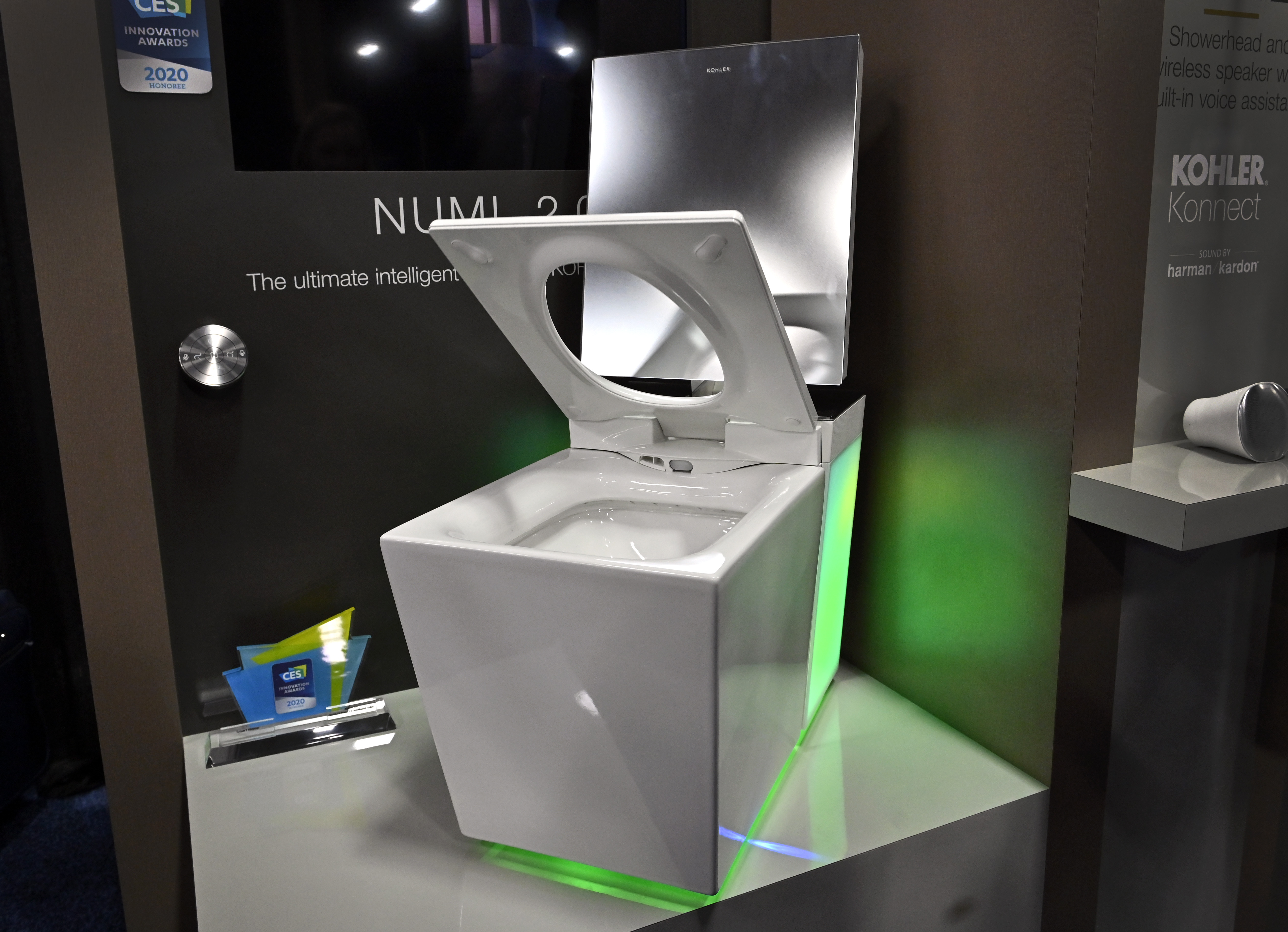 The Kohler Numi 2.0 smart toilet, part of Kohler's <a rel="noreferrer noopener" aria-label="smart bathroom collection (opens in a new tab)" href="https: //www.businesswire.com/news/home/20190104005350/en/KOHLER-Announces-Smart-Products-Kitchen-Bathroom-Expands" target="_blank">smart bathroom collection</a>, seen at a press event for CES 2020 at the Mandalay Bay Convention Center, Jan. 5, 2020, in Las Vegas, Nevada. The "intelligent" toilet has Amazon Alexa built-in and features seat-warming and warm-water cleansing, among other functions.