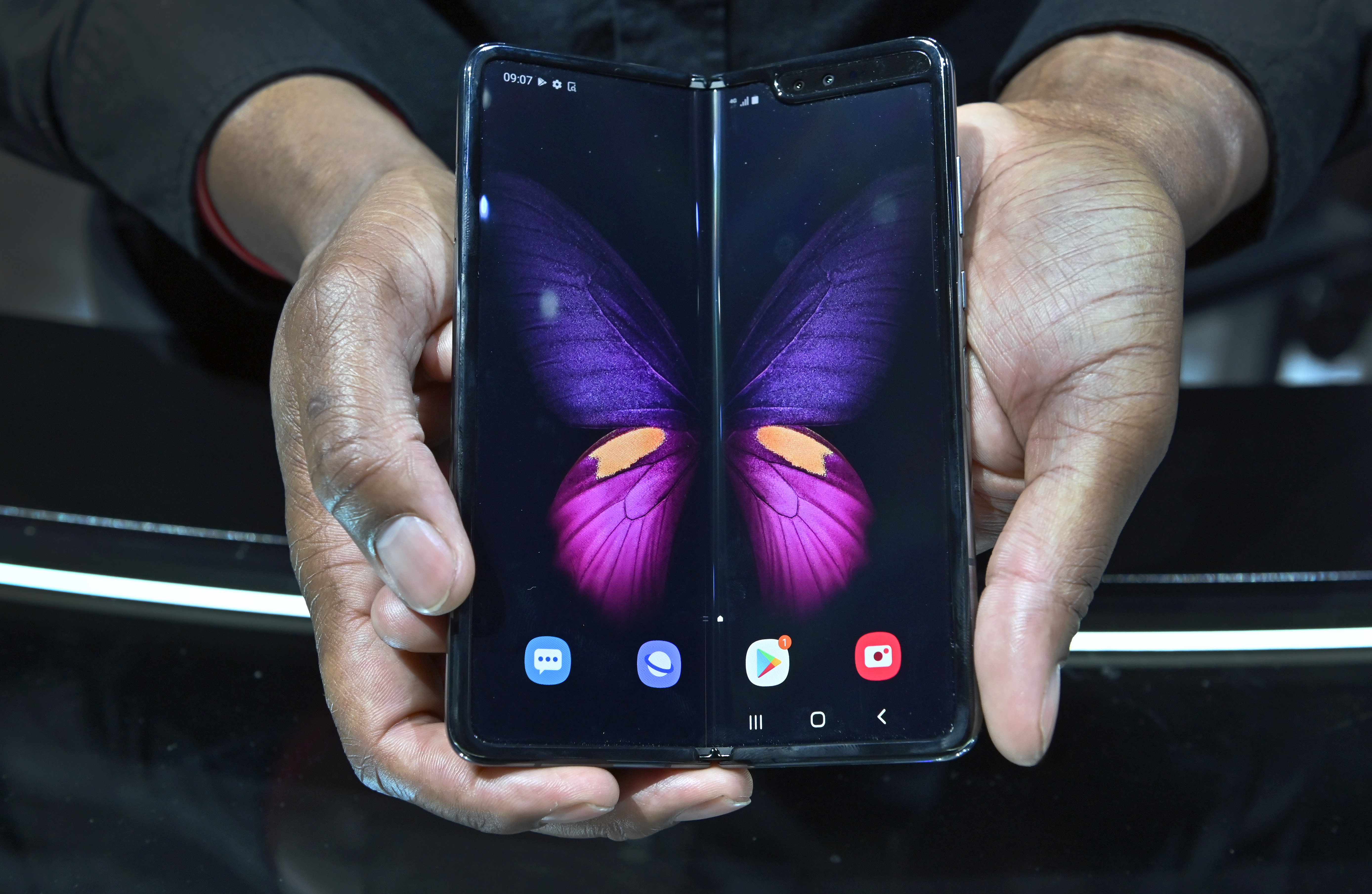 The Galaxy Fold 5G seen at the Samsung booth during CES 2020, Jan. 8, 2020, in Las Vegas, Nevada.