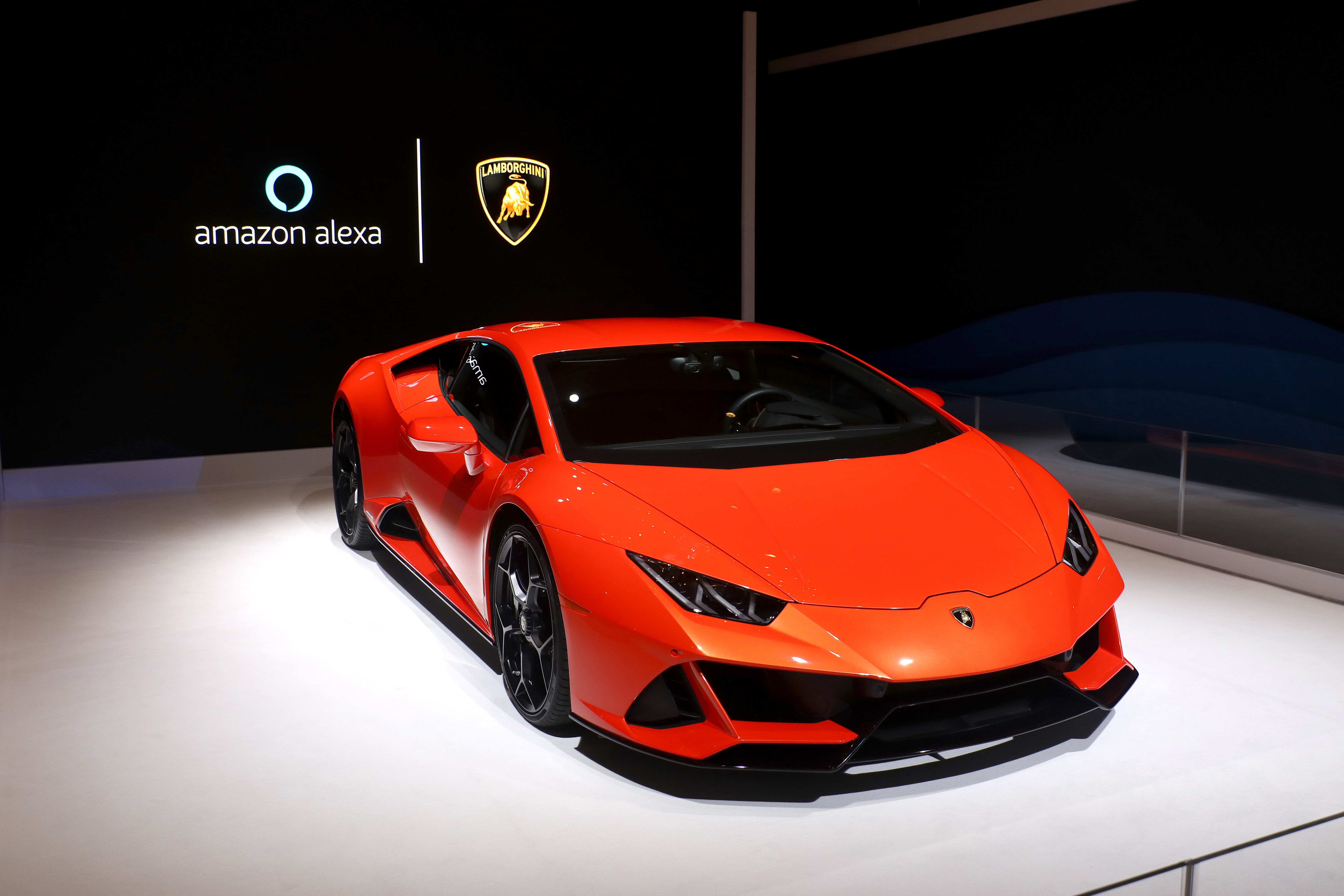 A Lamborghini Huracan Evo, featuring Amazon Alexa, on display at the Amazon Booth during CES 2020 at The Venetian Las Vegas on Jan. 7, 2020, in Las Vegas, Nevada.