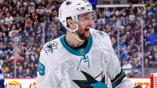 WINNIPEG, MB – FEBRUARY 14: Melker Karlsson #68 of the San Jose Sharks celebrates after scoring a third period goal against the Winnipeg Jets at the Bell MTS Place on February 14, 2020 in Winnipeg, Manitoba, Canada. (Photo by Darcy Finley/NHLI via Getty Images)