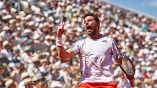 Stan Wawrinka of Switzerland celebrates during his mens singles fourth round match against Stefanos Tsitsipas of Greece during Day eight of the 2019 French Open at Roland Garros on June 02, 2019 in Paris, France.