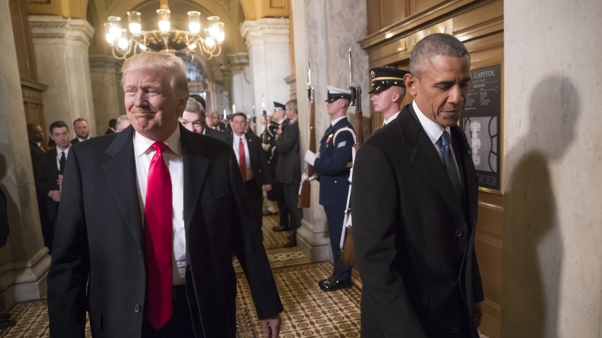 Then-President-elect Donald Trump, left, and then-President Barack Obama arrive for Trump's inauguration ceremony at the Capitol in Washington,on Jan. 20, 2017.