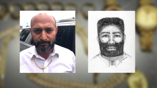 Police have obtained a sketch of one of the suspects believed to be involved with a fake jewelry scam in San Francisco (right). They've also been able identity another one as 44-year-old Mamfred Oinescu, who currently has a warrant out for his arrest (left).