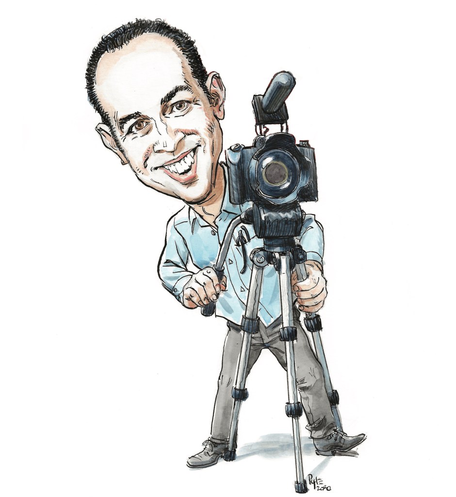 Cartoon of a reporter in a button-down shirt behind a camera on a tripod.