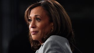 California Senator Kamala Harris speaks to the press in the Spin Room after participating in the fifth Democratic primary debate of the 2020 presidential campaign season co-hosted by MSNBC and The Washington Post at Tyler Perry Studios in Atlanta, Georgia on November 20, 2019.