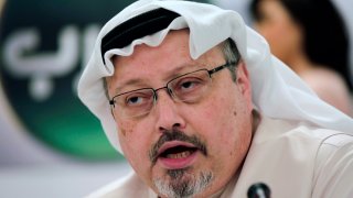 In this Dec. 15, 2014, file photo, Saudi journalist Jamal Khashoggi speaks during a press conference in Manama, Bahrain.