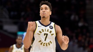 In this Oct. 26, 2019, file photo, Malcolm Brogdon #7 of the Indiana Pacers celebrates after the Pacers scored during the second half against the Cleveland Cavaliers at Rocket Mortgage Fieldhouse in Cleveland, Ohio.