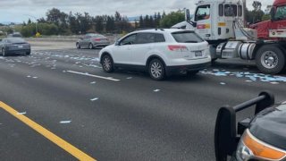 Masks litter Interstate 880 in Union City. (April 29, 2020)