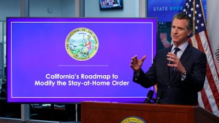 In this April 14, 2020, file photo, California Gov. Gavin Newsom gestures during a news conference at the Governor's Office of Emergency Services in Rancho Cordova, Calif.