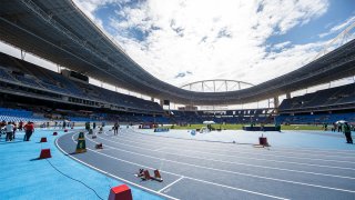 Olympic Stadium seen from on the track in Rio.