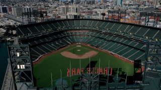 An aerial view from a drone shows Oracle Park.