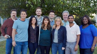 In this file photo, Nick Offerman as Ron Swanson, Rob Lowe as Chris Traeger, Aubrey Plaza as April Ludgate, Chris Pratt as Andy Dwyer, Rashida Jones as Ann Perkins, Adam Scott as Ben Wyatt, Amy Poehler as Leslie Knope, Jim O'Heir as Jerry Gergich, Aziz Ansari as Tom Haverford, Retta as Donna Meagle film Season 6 of "Parks and Recreation."