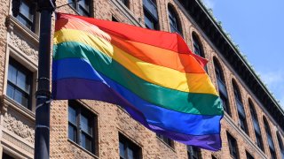 The Pride Flag flies majestically over the San Francisco Gay Pride parade on June 30, 2019 in San Francisco.