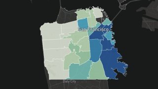 A screenshot of a map that tracks coronavirus cases in San Francisco by zip code.