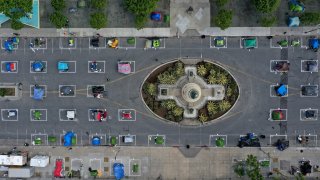 An aerial view of San Francisco's first temporary sanctioned tent encampment for the homeless.