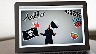 Tim Cook, chief executive officer of Apple Inc., speaks during the Apple Worldwide Developers Conference as seen on a laptop computer in Arlington, Va., June 22, 2020.