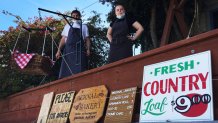 Chefs Ryan Skaggs and Daniella Banchero of Bernal Bakery demonstrate their pulley system for lowering bread loaves and baked goods to customers. (May 7, 2020)