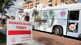 File image of a donate blood sign. (Photo by: Jeffrey Greenberg/Universal Images Group via Getty Images)