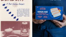 An ad for Manischewitz borscht on the left; gefilte fish from The Gefilteria on the right