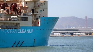 Ocean Cleanup’s System 001 is towed out of the San Francisco Bay in San Francisco, California on September 08, 2018. (Photo by JOSH EDELSON / AFP via Getty Images)