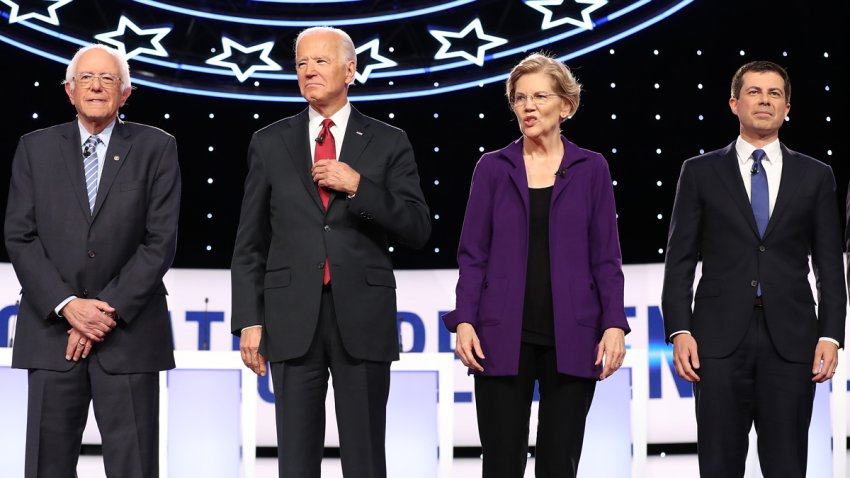 Democratic presidential candidates (L-R) Sen. Bernie Sanders (I-VT), former Vice President Joe Biden, Sen. Elizabeth Warren (D-MA) and South Bend, Indiana Mayor Pete Buttigieg at the start of the Democratic Presidential Debate at Otterbein University on October 15, 2019 in Westerville, Ohio.