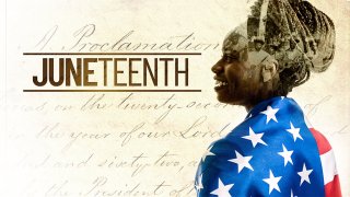 Graphic for Juneteenth of a woman with an American flag over her shoullders