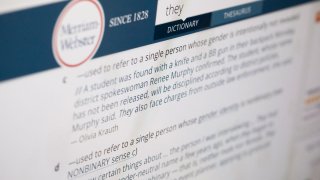 The word “they” is displayed on a computer screen on Friday, Dec. 6, 2019, in New York. The language mavens at Merriam-Webster have declared the personal pronoun their word of the year based on a 313 percent increase in look-ups on the company’s search site, Merriam-Webster.com, this year when compared with 2018.