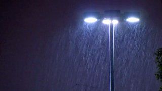 Rain illuminated by a light pole.