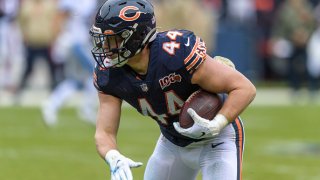 Chicago Bears Linebacker Nick Kwiatkoski (44) returns an interception thrown by Detroit Lions Quarterback Jeff Driskel (not pictured) in the third quarter during an NFL football game between the Detroit Lions and the Chicago Bears on November 10, 2019, at Soldier Field in Chicago, IL. Chicago won 20-13. (Photo by Daniel Bartel/Icon Sportswire via Getty Images)