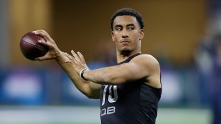Quarterback Jordan Love of Utah State passes during the NFL Scouting Combine at Lucas Oil Stadium on February 27, 2020 in Indianapolis, Indiana. (Photo by Joe Robbins/Getty Images)
