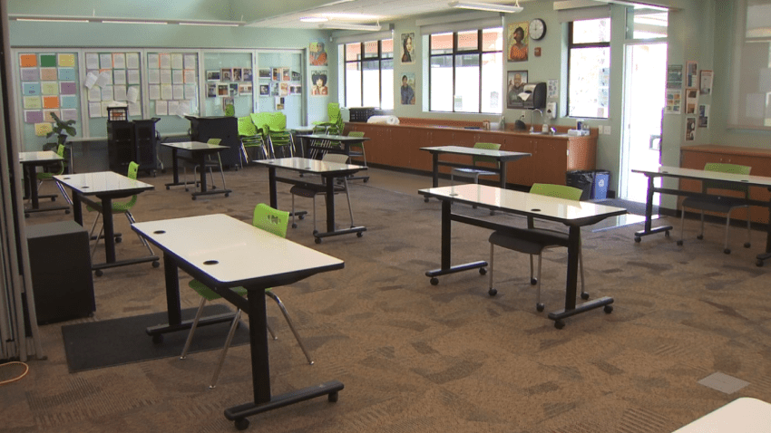 A classroom at Marin Community School in San Rafael is reconfigured to encourage social distancing as the county begins to open some schools on a limited basis. (May 18, 2020)