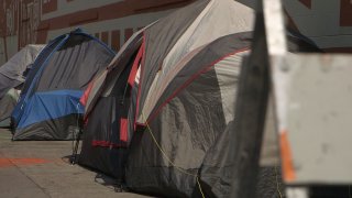 Tents lining a city street