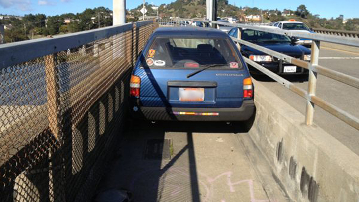 Marin Car Wedged in bike path