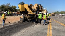 Crews repave a stretch of highway in Northern California with a mixture that includes single-use plastic bottles.