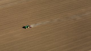 An aerial view of a farm field in California's Central Valley.