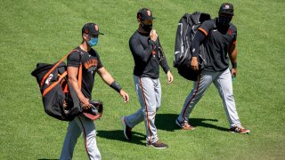 San Francisco Giants catcher Buster Posey walks with manager Gabe Kapler and another player.
