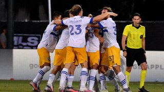 The San Jose Earthquakes celebrate a goal.