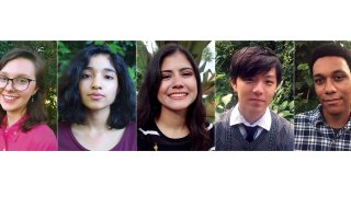 This combination of photos released by the National Student Poets Program shows, from left, Madelyn Dietz, Manasi Garg, Isabella Ramirez, Ethan Wang and Anthony Wiles who have been named finalists in the Class of 2020 National Student Poets Program. Each receives a $5,000 cash award.