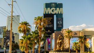 Signage is displayed in front of the MGM Grand Hotel and Casino in Las Vegas, Nevada, U.S., on Sunday, July 26, 2020. MGM Resorts International is scheduled to releasing earnings figures on July 30.