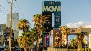 Signage is displayed in front of the MGM Grand Hotel and Casino in Las Vegas, Nevada, U.S., on Sunday, July 26, 2020. MGM Resorts International is scheduled to releasing earnings figures on July 30.