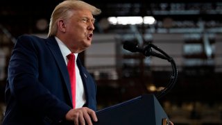 In this Aug. 6, 2020, file photo, President Donald Trump speaks after touring the Whirlpool Corporation Manufacturing Plant in Clyde, Ohio.