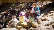 kids sitting in a circle on rocks as a teacher holds up a hand-drawn bar graph